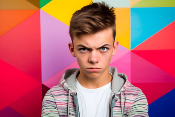 Studio portrait of a teenager boy being suspicious, isolated on colorful background. Teenager emotions or moods concept. Generative AI