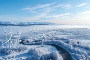 Aerial view of a wind turbine surrounded with snow under the blue sky
