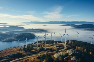 wind turbine farms in the forest with fog in the background,