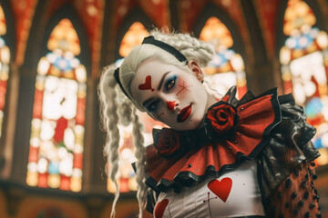 Model dressed as a goth fantasy nun wearing couture designer costume in a cathedral, halloween cosplay.