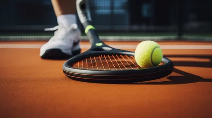 Poster Raqueta de tenis. Partido de tenis. Jugador de tenis golpeando a la pelota en pista dura © dmtz77