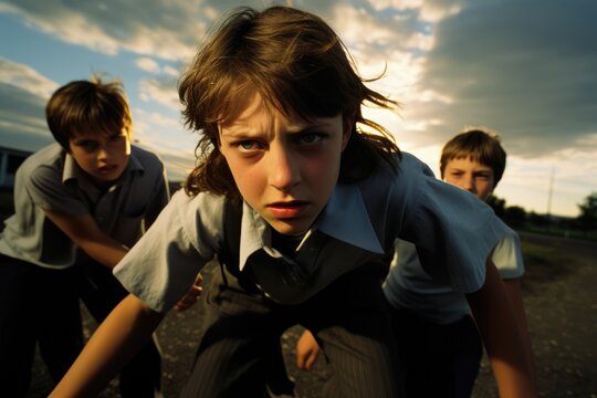 Conflict at school. Angry faces of children. Bullying of students