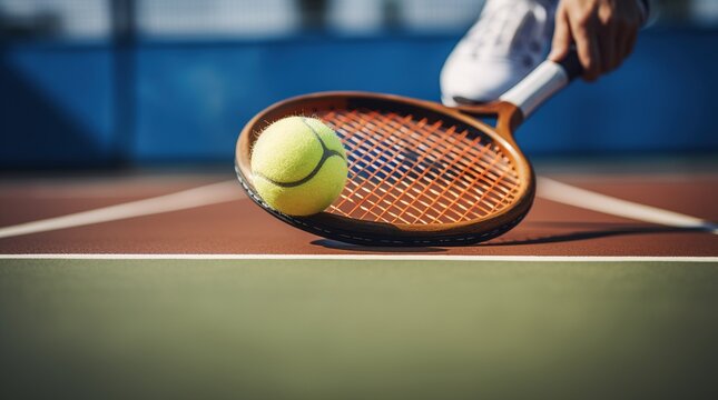 Raqueta de tenis. Partido de tenis. Jugador de tenis golpeando a la pelota en pista dura