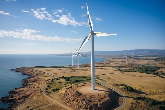 Aerial view of wind turbines near the sea