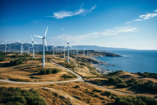 Aerial view of wind turbines near the sea