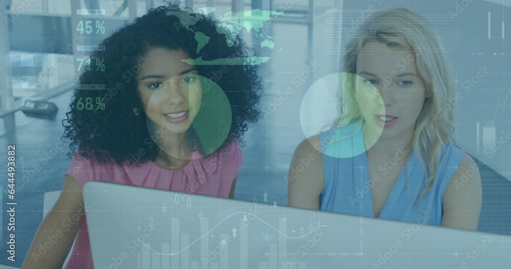Poster animation of statistical data processing over two diverse women discussing over a computer at office