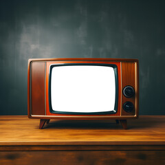 Blank Vintage Old Television screen mockup on Wooden table in Retro Living Room