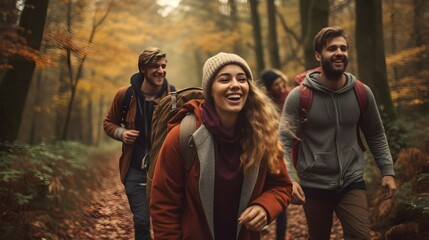 Obraz premium Group of Friends Hiking in Scenic Autumn Forest: Embracing Adventure in Camping Attire