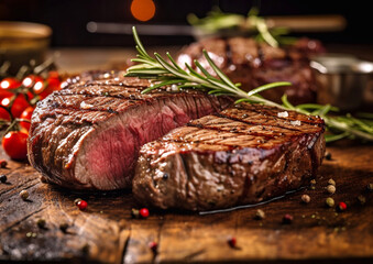 Rib eye grilled steak with pepper and rosemary on restaurant table.Macro.AI Generative