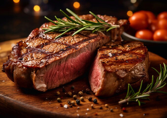 Grilled rib eye steak with rosemary and pepper.Macro.AI Generative