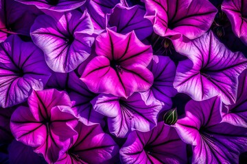 Fototapeta na wymiar A Still Life Close Up Shot of Petunia Flowers. These blossoms, captured in their full glory, display an array of colors from deep purples to vibrant pinks - AI Generative