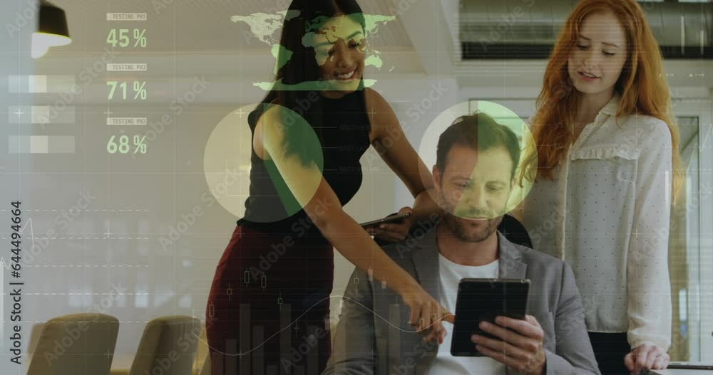 Poster animation of statistical data processing over diverse colleagues discussing over a tablet at office