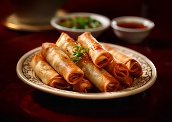Fotobehang Tasty asian chicken spring rolls on plate with sauce.Macro.AI Generative © DenisMArt