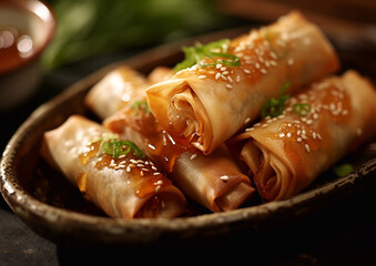 Crispy chicken spring rolls as traditional asian food.Macro.AI Generative