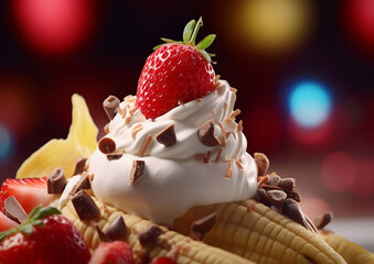 Whipped cream dessert with banana,strawberry and chocolate.Macro.AI Generative