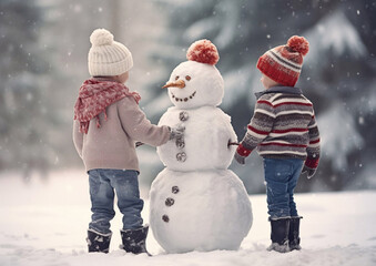 Happy kids building snowman in backyard before christmas.Macro.AI Generative