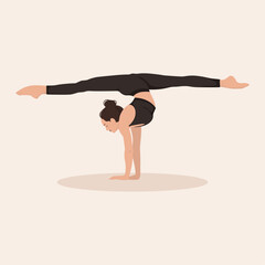 Young woman perfoming yoga exercise Splits Pose, Front high splits pose,  and demonstrating yoga asana Hanumanasana on light background. Flat vector illustration