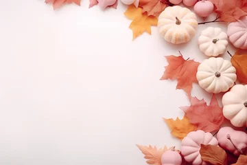  pink pastel pumpkins with fall leaves on soft colored ground with space for text, soft pink fall background © Tina
