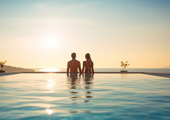 Young couple in swimming pool spa hotel with ocean view.Travel.AI Generative