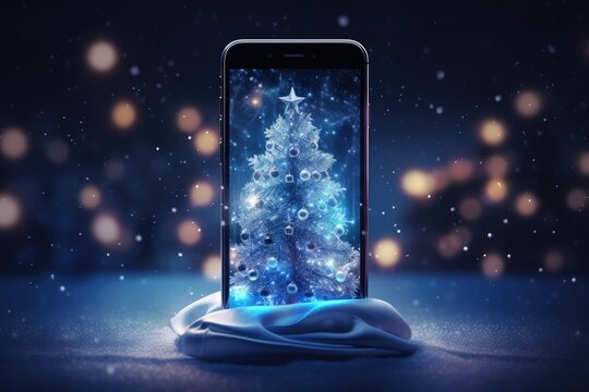 Smartphone with a Christmas tree on the background of bokeh.