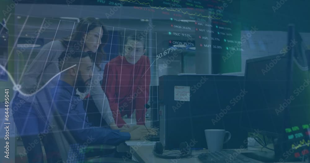 Poster animation of stock market data processing over diverse colleagues discussing over computer at office