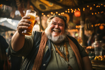 Portrait of a fat smiling gray bearded man raising a glass of cold beer at a bar - Powered by Adobe