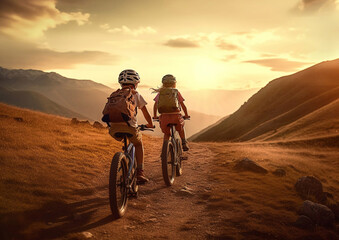 Kids on bicycles riding in mountains to see sunset.Macro.AI Generative
