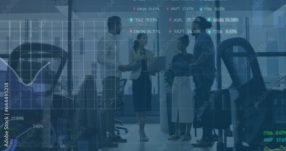 Poster animation of stock market data processing over team of diverse colleagues discussing at office