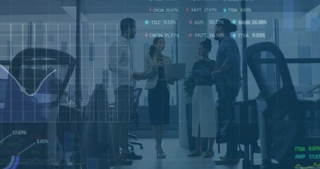 Animation of stock market data processing over team of diverse colleagues discussing at office - Powered by Adobe