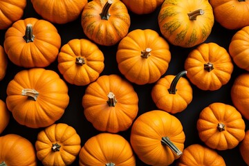 Top view of a fresh tasty ripe orange pumpkins. vegetable halloween thanksgiving background
