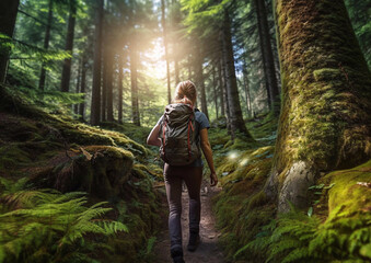 Obraz premium Young woman hiking in green summer forest with backpack.Macro.AI Generative.