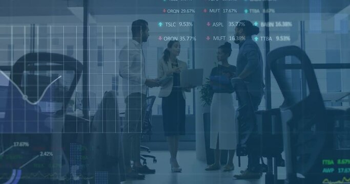 Animation of stock market data processing over team of diverse colleagues discussing at office - Powered by Adobe