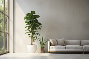 The interior of the living room with a sofa and a large indoor flower in a planter