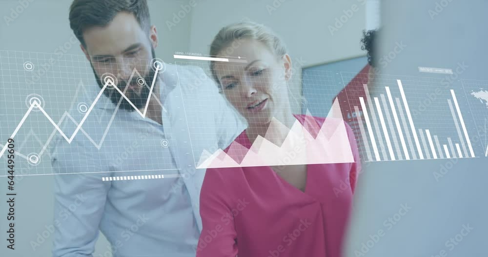 Poster animation of statistical data processing against diverse colleagues discussing at office