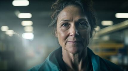Confident serious mature older woman in warehouse. Worker, supervisor and industrial contractor at project - obrazy, fototapety, plakaty