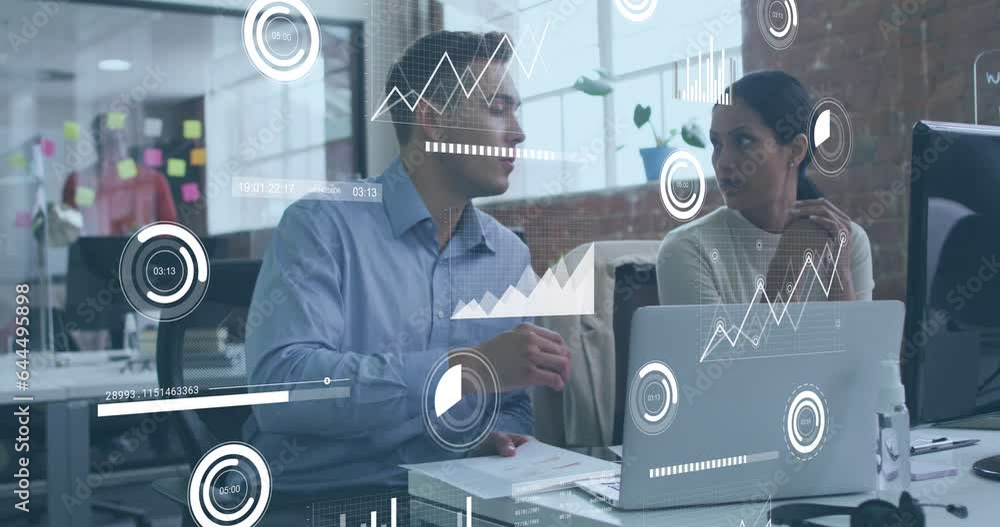 Aufkleber animation of statistical data processing against diverse man and woman discussing at office