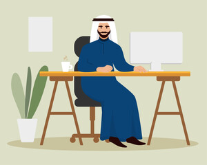 Arab Business Man Using Computer Muslim Entrepreneur In Modern Office Flat Vector Illustration