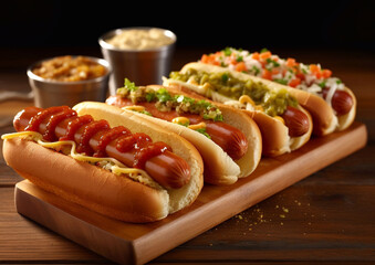 Assorted hot dogs with sauces on chopping board.Macro.AI Generative.