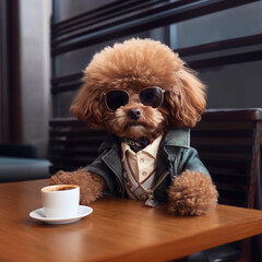 A dressed up dog sits confidently with a cup of coffee at a table or restaurant. 