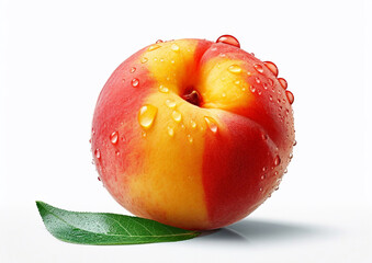 Large wet peach with leaf on white background.Macro.AI Generative