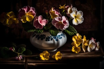 A still life close-up shot of Primrose Flowers. The flowers are nestled in a vintage porcelain vase, adding a touch of nostalgia to the composition - AI Generative