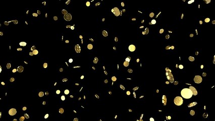 Falling coins or money golden rain motion background with alpha channel. Transparency is embedded in video.