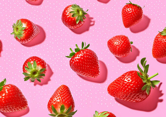 Macro fresh ripe strawberries on pink background.Top viev.AI Generative.