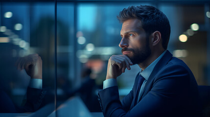 Serious businessman working  in office space, looking away, thinking over decision, project ideas, job tasks, pondering over problem solution, dilemma concept..
