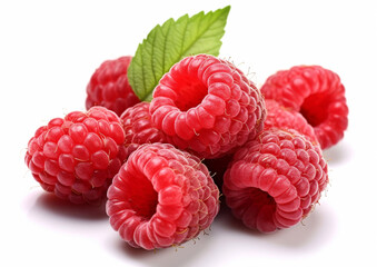 Raspberries red sweet berries on white background.Macro.AI Generative.