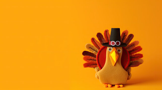 A cute turkey made of felt on a solid background offset so that you can put your text next to it.  Great for menu's, presentations, potlucks, signage