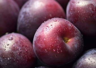 Fototapeta premium Fresh organic ripe plums with water drops.Macro.AI Generative