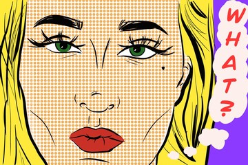 Pop art style illustration of a face of a beautiful woman with speech buuble asking what