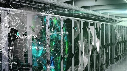 Animation of spinning globe and plexus networks against computer server room - Powered by Adobe
