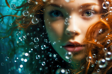 Close up of a beautiful red-haired Siren Mermaid  